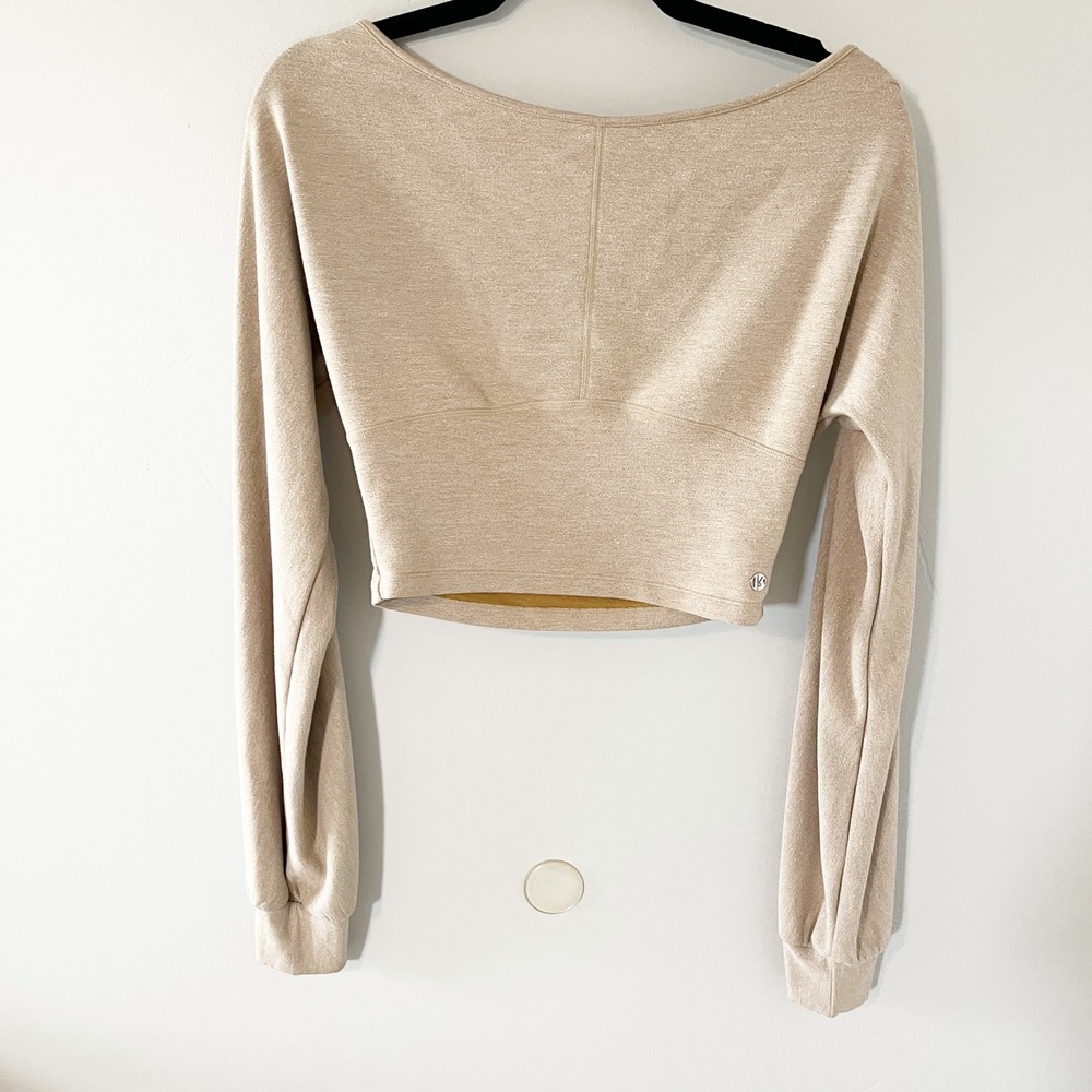 Buffbunny Collection Tan Heathered Boat Neck Long Sleeve Crop Top Small